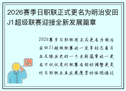2026赛季日职联正式更名为明治安田J1超级联赛迎接全新发展篇章 2026赛季日职联正式更名为明治安田J1超级联赛迎接全新发展篇章