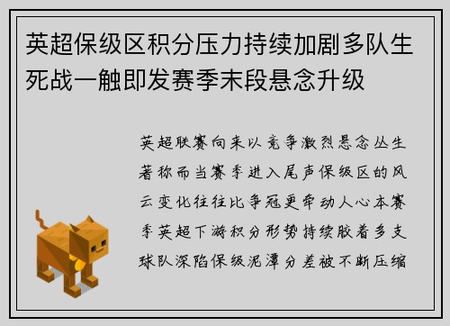 英超保级区积分压力持续加剧多队生死战一触即发赛季末段悬念升级 英超保级区积分压力持续加剧多队生死战一触即发赛季末段悬念升级